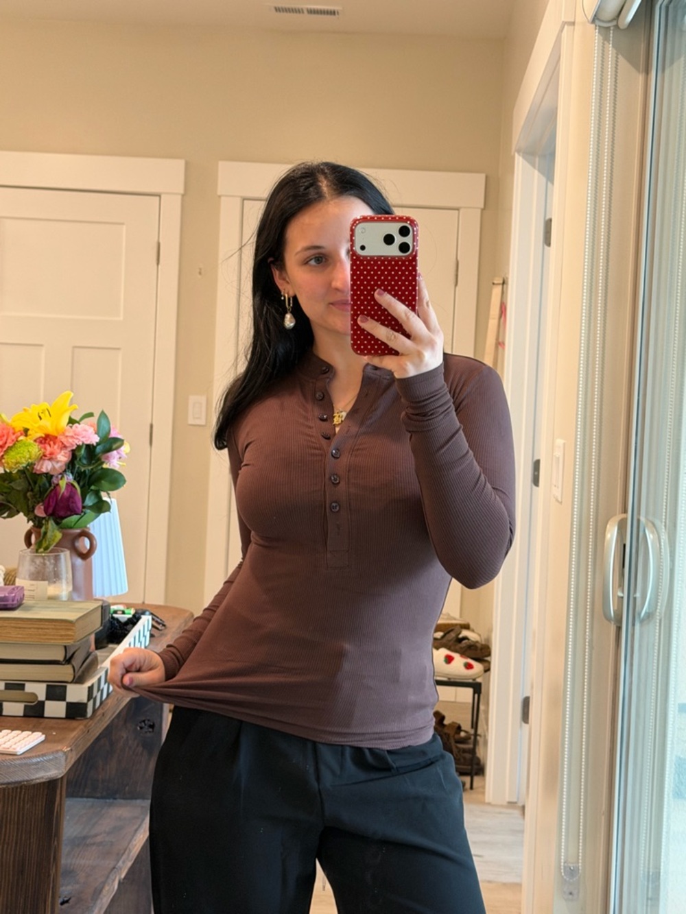Women's Long-Sleeve Henley Top in Brown